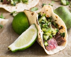 flank steak taco with tomatillo and avocado salsa